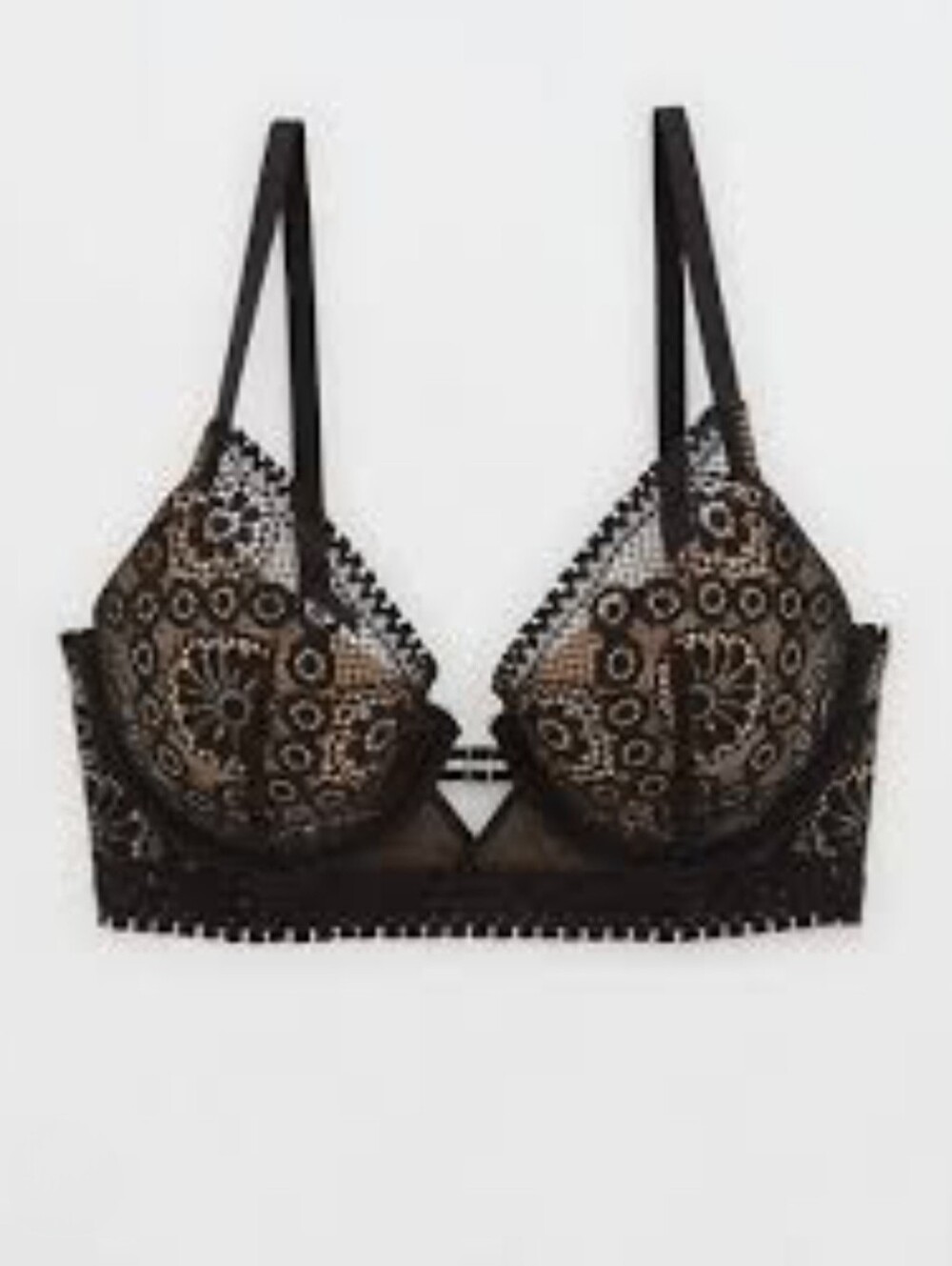 Aerie Real Power Plunge Push Up Joy Lace Bra Black 38B